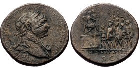 Trajan (98-117). AE, Sestertius. (Bronze, 24.81 g. 32 mm.) Rome.
Obv: IMP CAES NER TRAIANO OPTIMO AVG DAC GER DAC P M TR P COS VI P P. Bust of Trajan...