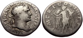 Trajan (98-117) AR Denarius (Silver, 17mm, 2,58g) Rome
Obv: IMP CAES NERVA TRAIAN AVG GERM, laureate head right, slight drapery on far shoulder
Rev:...