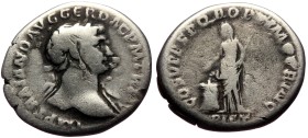 Trajan (98-117) AR Denarius (Silver, 3.09g, 20mm) Rome, 103-111.
Obv: IMP TRAIANO AVG GER DAC P M TR P, laureate head to right, slight drapery on far...