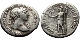 Trajan (98-117) AR denarius (Silver , 2.93g, 19mm) Rome, 108-109.
Obv: IMP TRAIANO AVG GER DAC P M TR P, laureate bust of Trajan right, slight draper...