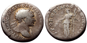 Trajan (98-117) AR Denarius (Silver, 18mm, 3.05g) Rome, circa 107. 
Obv: IMP TRAIANO AVG GER DAC P M TR P COS V P P Laureate head of Trajan to right, ...