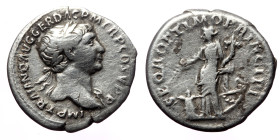 Trajan (98-117). AR, Denarius. (Silver, 3.26 g. 18 mm.) Rome.
Obv: IMP TRAIANO AVG GER DAC P M TR P COS V P P. Bust of Trajan, laureate, draped, right...