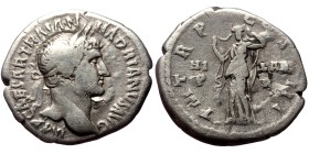 Hadrian (117-138) AR Denarius (Silver, 3.10g, 20mm) Rome, 120-121
Obv: Bust laureate r., fold of cloak on front shoulder, IMP CAESAR TRAIAN HADRIANVS...