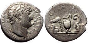 Hadrian (117-138) AR Denarius (Silver, 3.01g, 18mm) Rome, 127
Obv: HADRIANVS AVGVSTVS legend with laureate head right with drapery on far shoulder.
...