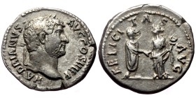 Hadrian (117-138), AR denarius (Silver, 18,1 mm, 3,61 g).
Obv: HADRIANVS - AVG COS III P P, bare head of Hadrian right.
Rev: FELICI - TAS - AVG, Had...