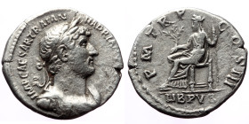 Hadrian (117-138). AR, Denarius. (Silver, 3.08 g. 18 mm.) Rome.
Obv: IMP CAESAR TRAIAN HADRIANVS AVG. Bust of Hadrian, laureate, draped, right.
Rev: P...