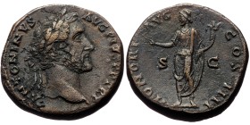 Antoninus Pius (138-161). AE, Sestertius. (Bronze, 25.81 g. 30mm.) Rome.
Obv: ANTONINVS AVG PIVS P P TR P. Head of Antoninus Pius, laureate, right.
...