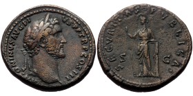 Antoninus Pius (138-161). AE, Sestertius. (Bronze, 26.97 g. 33mm.) Rome.
Obv: ANTONINVS AVG PIVS P P TR P COS III. Head of Antoninus Pius, laureate, ...