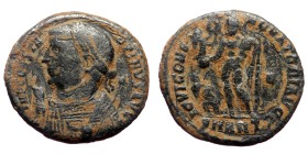 Constantine the Great (307-337) AE Follis (Bronze, 19mm, 3.20g). Antioch, 317-320.
Obv: IMP CONSTA-NTINVS AVG, laureate and draped bust left, holding...
