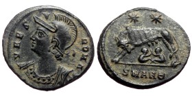 Costantine The Great (307-337). AE, Follis. (Bronze, 3.00 g. 17mm.) Antioch.
Obv: VRBS ROMA. Bust of Roma, wearing plumed helmet, left.
Rev: She-wol...