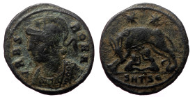 City Commemorative AE (Bronze, 2.36g, 20mm) ca 330-354. Thessaloniki
Obv: VRBS ROMA, helmeted, and cuirassed bust of Roma left Rev: She-wolf standing ...
