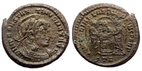 Constantine the Great (307-337) AE Follis (Bronze, 2.85g, 19mm). Trier mint. Struck 319
Obv: IMP CONSTAN-TINVS MAX AVG, laureate, helmeted and cuiras...