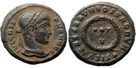 Crispus, Siscia (ca 317-326) AE follis (Bronze, 2.44g, 18mm)
Obv: IVL CRISPVS NOB C, laureate head right
Rev: CAESARVM NOSTRORVM around laurel wreat...
