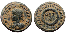 Constantine II (Caesar, 316-337). AE, Follis. (Bronze, 2.81 g. 18 mm.) Thessalonica.
Obv: CONSTANTINVS IVN NOB C. Bust of Constantine II, laureate, dr...