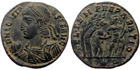 Constans (337-350). AE, Follis. (Bronze, 3.59 g. 20mm.) Uncertain mint.
Obv: D N CONSTANS P F AVG. Diademed, draped and cuirassed bust left, holding ...