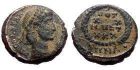 Constantius II (337-361) Nicomedia, 340-351 AE follis (Bronze, 14mm, 2.24g)
Obv: DN CONSTAN-TIVS P F AVG, pearl-diademed head right
Rev: VOT XX MVLT...