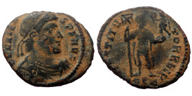 Valens (364-367) AE Thessalonica 
Obv: D N VALENS P F AVG, pearl-diademed, draped and cuirassed bust to right 
Rev: GLORIA ROMANORVM, emperor walking ...