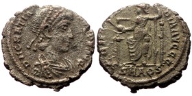 Gratian (367-383.) AE )Silvered bronze, 2.42g, 18mm).
Obv: DN GRATIANVS PF AVG, pearl diademed, draped, cuirassed bust right
Rev: VIRTVS ROMANORVM, ...