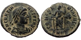 Gratian (367-383). AE, Follis. (Bronze, 2.11 g. 17 mm.) Cyzicus.
Obv: D N GRATIANVS P F AVG. Bust of Gratian, pearl-diademed, draped and cuirassed, r...