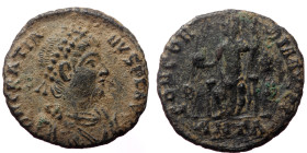 Gratian (367-383) AE (Bronze, 17mm, 1.76g) Antioch, 383-386. 
Obv: D N GRATIA-NVS P F AVG, pearl-diademed, draped and cuirassed bust of Gratian right ...