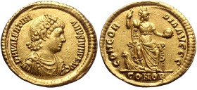 Valentinian II (375-392). Gold, Solidus. (Gold, 4.41 g. 22mm.) Constantinople.
Obv: D N VALENTINIANVS P F AVG. Bust of Valentinian II, rosette-diadem...