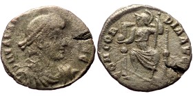 Valentinian II (364-375) AE (Silvered bronze, 1.69g, 17mm)
Obv: D N VALENTINIANVS P F AVG. Diademed, draped and cuirassed bust right.
Rev: CONCORDIA...