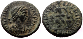 Theodosius I (379-395) AE (Bronze, 13mm, 1.29g) Cyzicus, 1st officina, 28 August AD 388-15 May AD 392. 
Obv: D N THEODO-SIVS P F AVG, Pearl-diademed, ...
