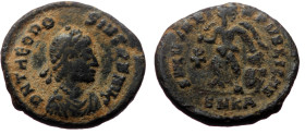 Theodosius I (379-395) AE (Bronze, 14mm, 1.47g) Cyzicus, 1st officina, 28 August AD 388-15 May AD 392. 
Obv: D N THEODO-SIVS P F AVG, Pearl-diademed, ...