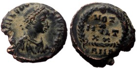Theodosius I (379-395) AE (Bronze, 13mm, 1.78g) Antioch, 1st or 4th officina. 379-383.
Obv: D N THEODO - SIVS P F AVG, Pearl-diademed, draped, and cu...
