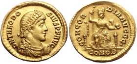 Theodosius I (379-395) Gold, Solidus. (Gold, 4.40 g. 20mm.) Constantinople.
Obv: D N THEODOSIVS P F AVG. Bust of Theodosius I, rosette-diademed, drap...