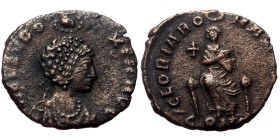 Aelia Eudoxia (400-404). AE. (Bronze, 1.37 g. 14 mm.) Constantinople.
Obv: AEL EVDOXIA AVG. Bust of Eudoxia, pearl-diademed, draped, right, wearing n...