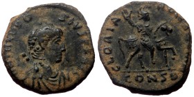 Theodosius I (379-395). AE, Nummus. (Bronze, 1.96 g. 13mm.) Constantinople.
Obv: D N THEODOSIVS P F AVG. Bust of Theodosius I, pearl-diademed, draped...