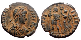 Arcadius (383-408) Antioch AE Follis (Bronze, 2,04g, 17mm)
Obv: D N ARCADIVS P F AVG, diademed, draped and cuirassed bust of Arcadius right
Rev: VIR...