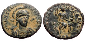Arcadius (383-408) Cyzicus, AE Follis (Bronze, 2,65g, 18mm)
Obv: D N ARCADIVS P F AVG, pearl-diademed, helmeted and cuirassed bust facing slightly ri...