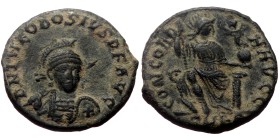 Theodosius II (402-450). AE. (Bronze, 2.87 g. 14mm.) Uncertain mint.
Obv: D N THEODOSIVS P F AVG. Bust of Theodosius II, helmeted, pearl-diademed, cu...