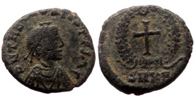 Theodosius II (402-450) AE Nummus (Bronze, 1.12g, 10mm), Cyzicus. 
Obv: D N THEODOSIVS P F AVG, Pearl-diademed, draped and cuirassed bust of Theodosiu...