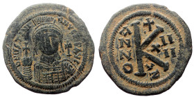 Justinian I (527 - 565) AE Half Follis (Bronze, 12.15 g. 32mm.) Cyzicus. 527-565 AD.
Obv: DN IVSTINIANV[S PP] AV[G], helmeted, cuirassed bust facing, ...