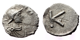 Anonymous, time of Justinian I (527 - 565) AR Half Siliqua. (Silver, 0.62 g. 13 mm.) Constantinople. 527-565 AD.
Obv: Draped and cuirassed bust of Con...