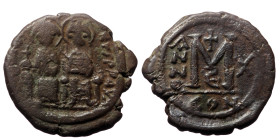 Justin II (565-578) AE follis (Bronze, 30mm, 13.27g) Constantinople, year 10 = 574/575. 
Obv: D N IVSTINVS PP AV, Justin II and Sophia seated on thron...