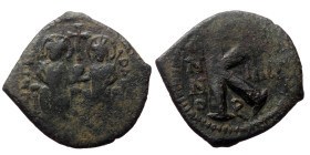 Justin II with Sophia (565-578) Theoupolis (Antioch) Half follis AE (Bronze, 25mm, 6.27g) 
Obv: Justin, on left, and Sophia, on right, seated facing o...