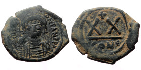 Tiberius II Constantine (578-582) AE Half Follis (Bronze, 6.48 g. 26mm.) Constantinople. 578-582.
Obv: [D M TIB C]ONSAN PP, crowned and cuirassed bust...