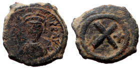Tiberius II Constantine (578-582) (?), AE Decanummium. (Bronze, 3.3 g. 17mm.) Constantinople. 578-582 AD.
Obv: Crowned, draped and cuirassed bust faci...