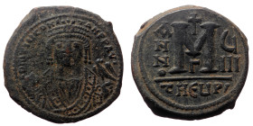 Tiberius II Constantine (578-582) AE, Follis. (Bronze, 11.57 g. 29mm.) Theopolis (Antioch). 578-582 AD.
Obv: D m Tib CONSTAN P P AVI, Crowned and cuir...