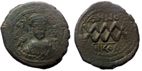 Phocas (602-610) AE Follis (Bronze, 12,09g, 32mm) Nikomedia, 607-609, 
Obv: dNN FOCAS - PERP A, Crowned bust facing, wearing consular robes, holding m...