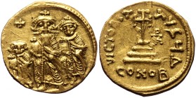 Heraclius, Heraclius Constantine and Heraclonas, AV, Solidus (Gold, 4.22 g. 21 mm.) Constantinople. 610-641 AD.
Obv: Heraclius, crowned, with long mo...