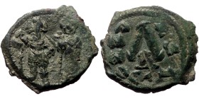 Heraclius and Heraclius Constantine, AE 3/4 Nummus (Bronze, 5.70 g. 26mm.) Constantinople (?). 610-641 AD.
Obv: Heraclius on left and Heraclius Const...
