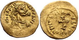 Heraclius, AV, Tremissis. (Gold, 1.45 g. 17mm.) Constantinople. 610-641 AD.
Obv: [δ]N ҺRACLIЧS PP AVG. Bust of Herakleios facing right, beardless, we...