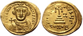 Constans II, AV, Solidus. (Gold, 4.32 g. 21 mm.) Constantinople. 641-668 AD.
Obv: δ N CONSTANTINUS P P AVG, Crowned and draped bust facing, holding g...