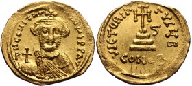 Constans II, AV, Solidus. (Gold, 4.30 g. 21 mm.) Constantinople. 641-668 AD.
Obv: δ N CONSTANTINUS P P AVG, Crowned and draped bust facing, holding g...