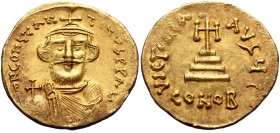 Constans II, AV, Solidus. (Gold, 4.42 g. 21 mm.) Constantinople. 641-668 AD.
Obv: δ N CONSTANTINUS P P AVG, Crowned and draped bust facing, holding g...